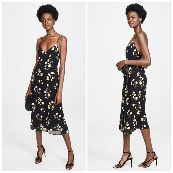 Reformation Dietrich Georgette Midi Black Dress in‎ Piazza Floral Size 0P - Picture 1 of 6